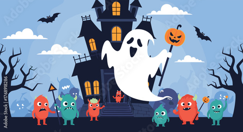 A friendly white ghost with a jack-o'-lantern staff greets a group of adorable monsters trick-or-treating at a haunted house on Halloween.