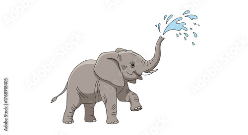 A friendly cartoon elephant stands on a clean white background, raising its trunk and joyfully spraying water.