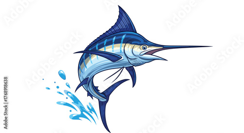 A vibrant blue marlin, a powerful game fish, leaps dynamically out of the water, showcasing its iconic bill and striped body amidst splashing waves.