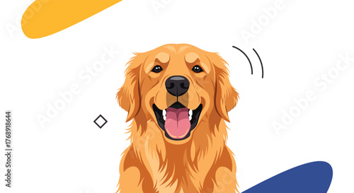 A vibrant and happy golden retriever dog illustration with its tongue out, set against a clean white background with subtle abstract shapes.