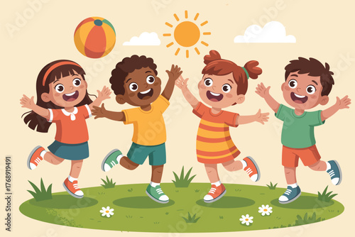 Cheerful diverse kids playing outdoors on a sunny day. multicultural children enjoying summer playtime, friendship, and outdoor fun in bright and playful cartoon vector design.