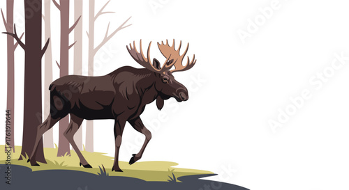 A majestic moose with large antlers walks gracefully through a quiet forest, captured in a stylized vector illustration.