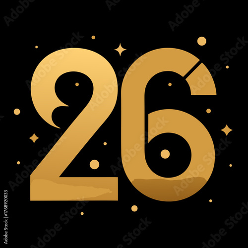 Golden number 26 with sparkles and stars on black background