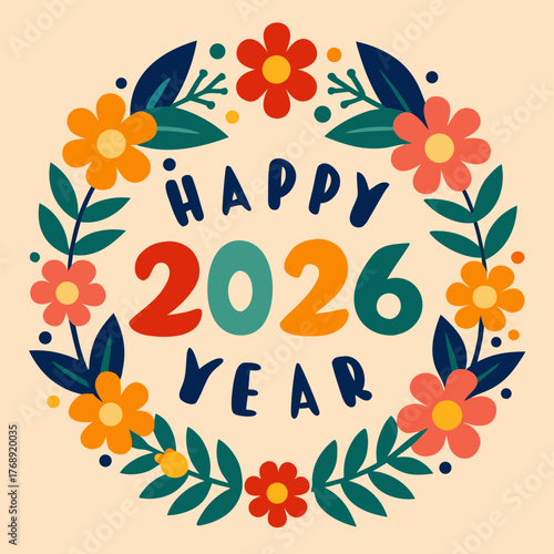 Happy 2026 year floral wreath greeting