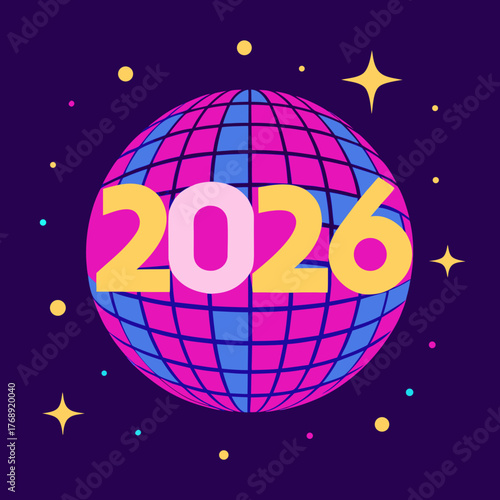 Disco ball with 2026 numbers and stars on purple background