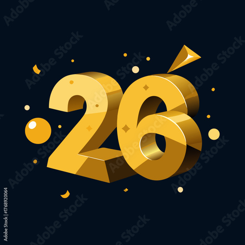 Golden 3d number 26 with festive confetti and bubbles