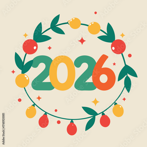 Happy new year 2026 with festive wreath and ornaments
