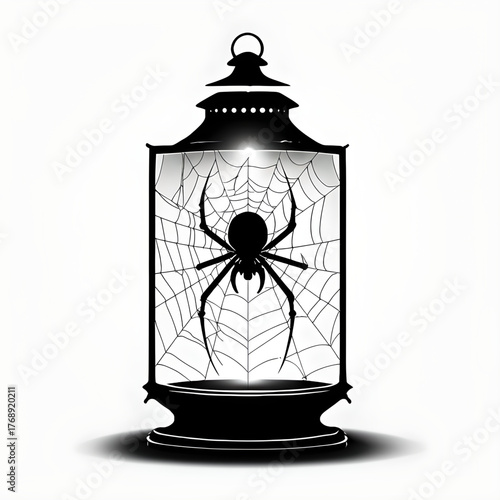 Lantern of Spooky Silhouette: A hauntingly beautiful, gothic-inspired lantern houses a shadowy spiderweb and a formidable spider, evoking the mystery and eeriness of Halloween.