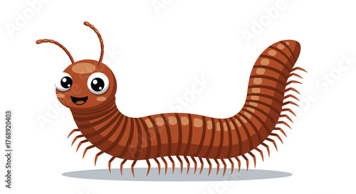 A friendly and smiling brown cartoon millipede with numerous legs and antennae, depicted in a segmented body, walking cheerfully.