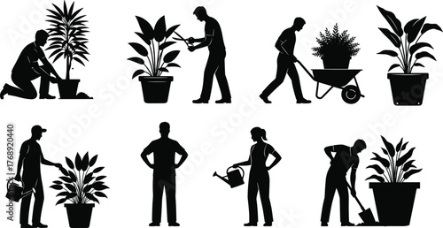 Black and white gardening silhouette illustration, people planting, watering, pruning, digging, wheelbarrow, potted plants, horticulture, agriculture, landscaping, teamwork, nature care