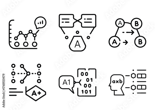 Collection of six abstract icons depicting data analysis and processing concepts