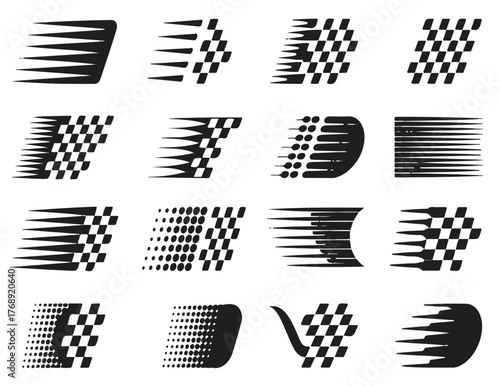 Collection of sixteen monochrome racing sport emblems featuring checkered flags and dynamic speed motion trails