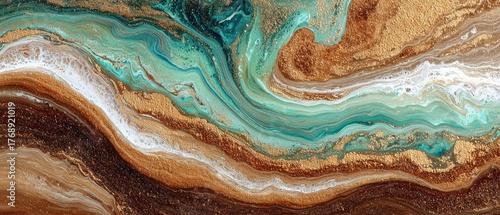 Fototapeta Naklejka Na Ścianę i Meble -  Swirling teal, gold, and brown paint texture