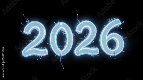 Futuristic Digital Number 2026 Illuminated with Glowing Effects and Data Lines
