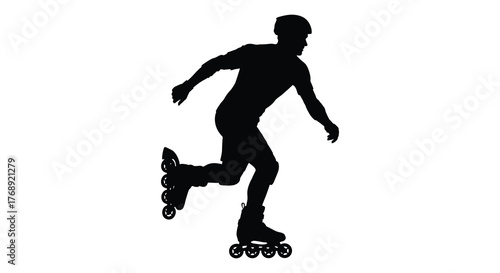 Dynamic silhouette of a person in motion on roller skates wearing a helmet and protective gear silhouette