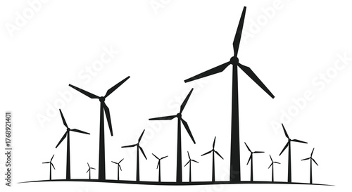 A collection of wind turbines standing tall against a white background in a striking silhouette style