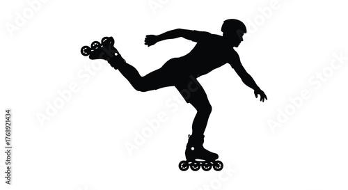 Dynamic silhouette of a person in motion on inline skates performing a skating trick against a white background silhouette
