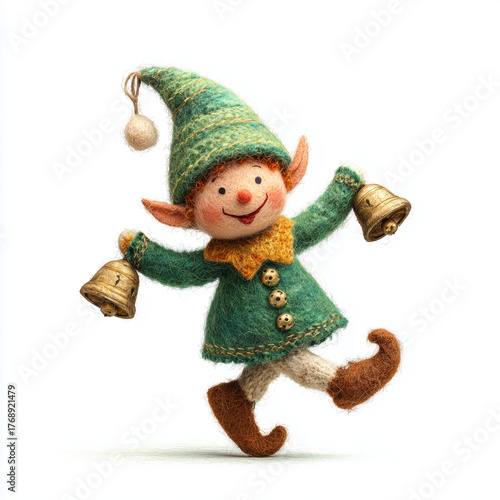 Christmas elf dancing happily in green festive outfit