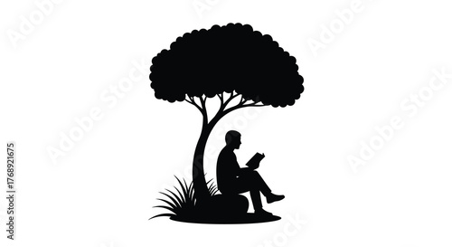 A person reading a book under the shade of a large tree in a silhouette style
