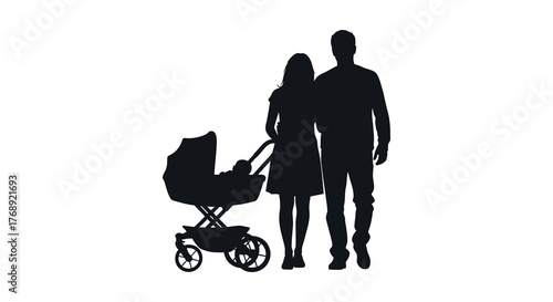 A loving family silhouette of parents pushing a baby stroller on a white background