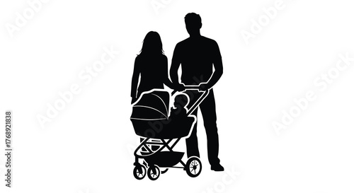 A loving couple walking together pushing a baby stroller with their child inside silhouette