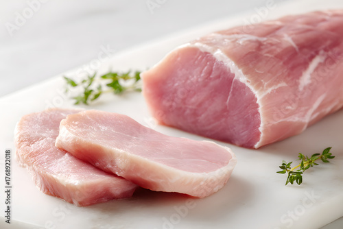 Wallpaper Mural Whole and Sliced Fresh Pork Tenderloin on Marble Surface with Herbs Ready for Culinary Preparation Torontodigital.ca