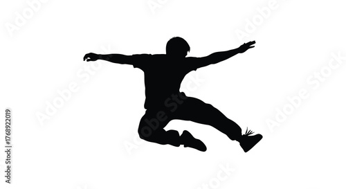 Dynamic silhouette of a man in mid air jump with arms outstretched against a white background silhouette