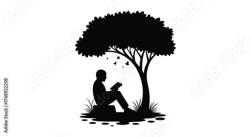 A person reading a book under a large tree in a peaceful outdoor setting silhouette