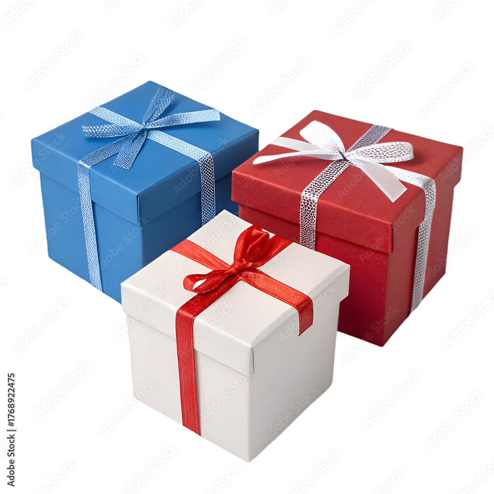 Fototapeta premium 3 different colors gift boxes blue red and white isolated on transparent background
