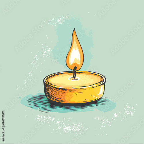 A hand-drawn illustration of a burning tea light candle   , vector style simple color