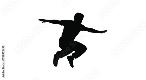 Dynamic silhouette of a male dancer performing an energetic leap with arms outstretched against a white background silhouette