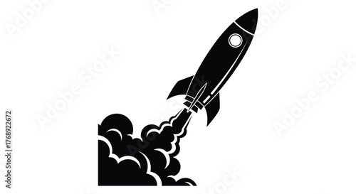 Retro style rocket launching with smoke and fire against a white background silhouette
