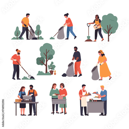 Diverse group of people volunteering for community service, including park cleanup, tree planting, and food bank work.