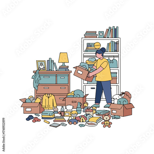 A person organizing a cluttered room, sorting items into cardboard boxes, and tidying up.
