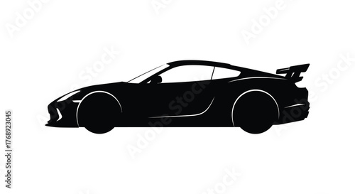 Sleek modern sports car with a large rear wing in a bold black silhouette against a white background