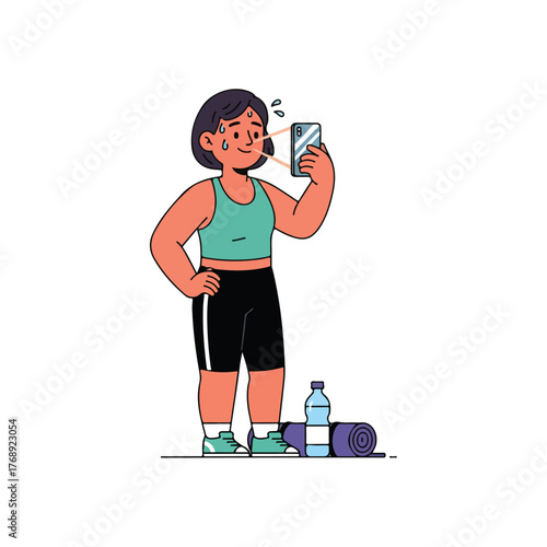 Woman in workout clothes taking a selfie after exercising.