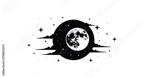 Mysterious oval silhouette framing a detailed full moon surrounded by starry night sky and clouds silhouette