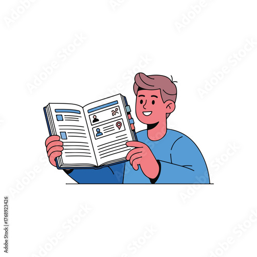 Illustration of a young man smiling while reading and pointing at a profile in a book or yearbook.