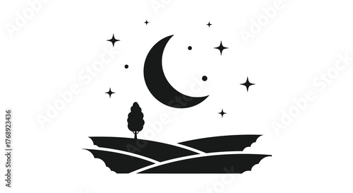 A lone tree stands on rolling hills under a crescent moon and starry night sky silhouette