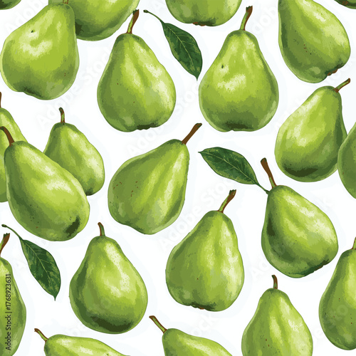 A seamless pattern of many green pears on a white background.