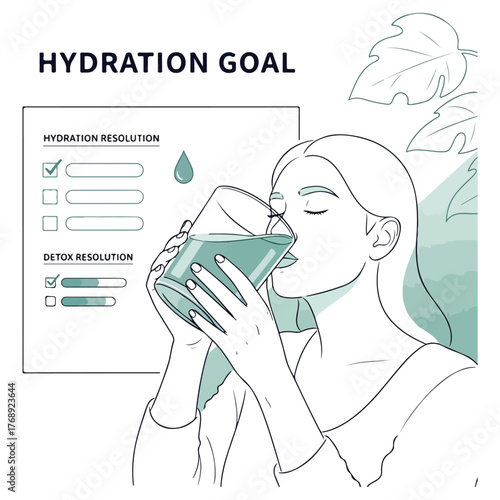 Illustration of a woman drinking a glass of water next to a hydration goal and detox resolution checklist.
