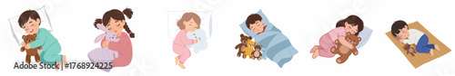 Cartoon Flat Illustration Diverse Children Sleeping with Comfort Objects Illustration