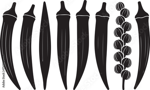 Okra Lady's Finger Vegetable Black Silhouette Vector Set