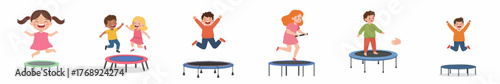 Colorful Cartoon Illustration of Kids Having Fun on a Trampoline Activity