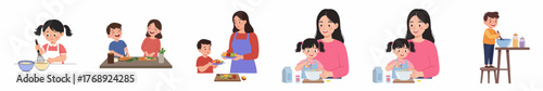 Charming Illustration Children and Adults Preparing Food Together in the Kitchen