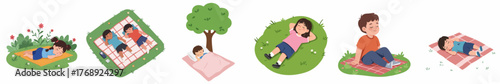 Cartoon Style Various Sleeping and Relaxing Person on Picnic Mat Icon Set