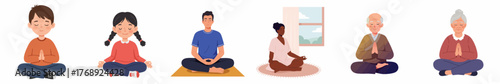 Diverse Flat Illustration of People Meditating in Lotus Position Together