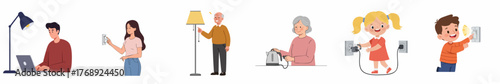 Cartoon Illustration of Energy Saving and Electrical Safety at Home