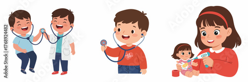 Cartoon Flat Illustration of Kids Playing Doctor with Medical Instruments