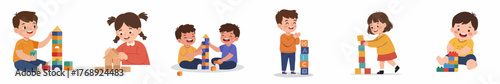 Cartoon Colorful Kids Playing with Building Blocks Toy Illustration